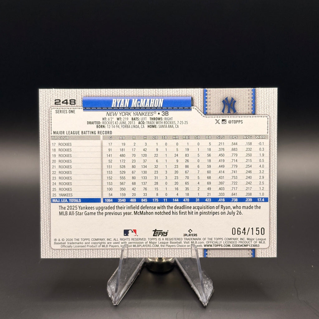 Ryan McMahon (Blue Holo Foil 64/150) - 2026 Topps Celebration #34