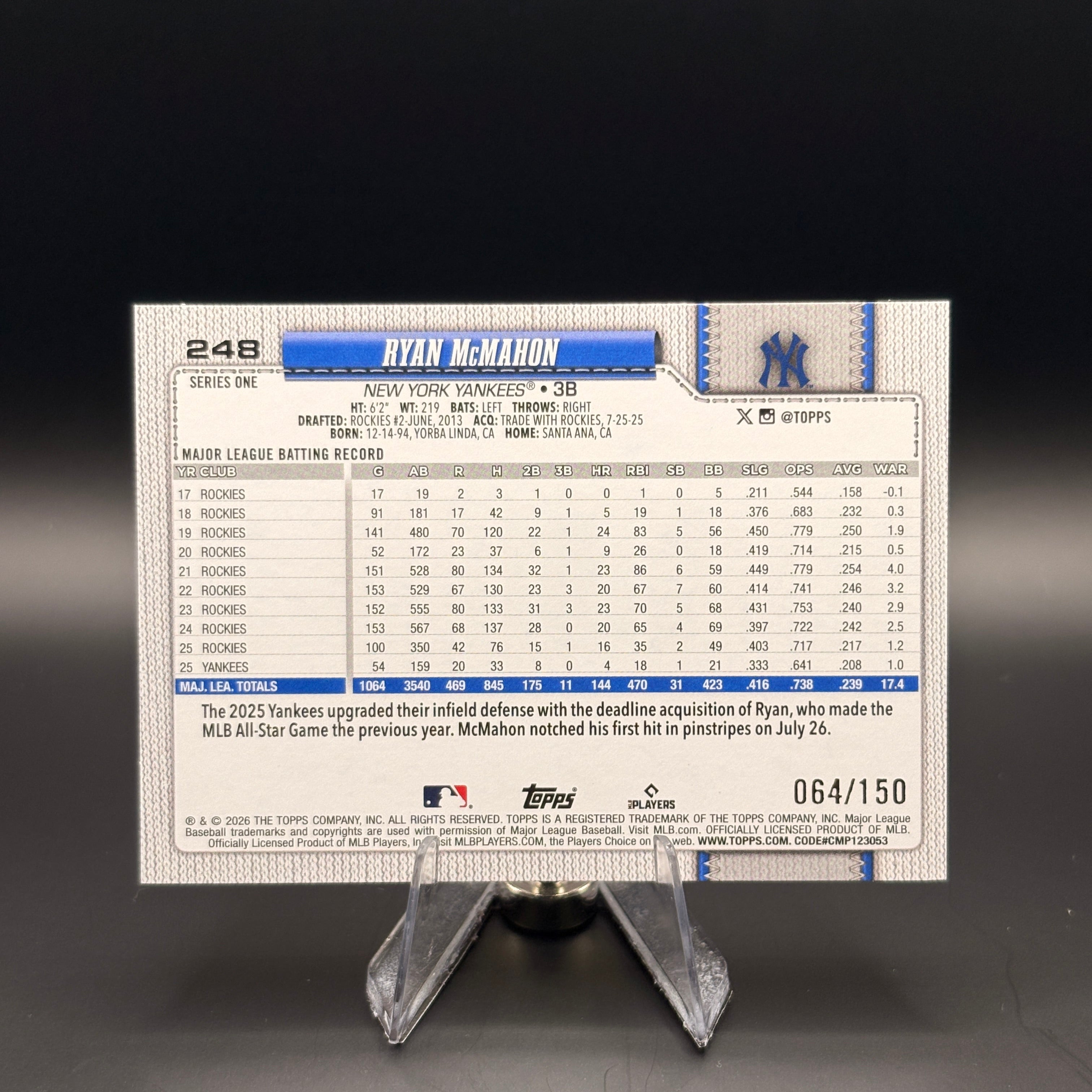Ryan McMahon (Blue Holo Foil 64/150) - 2026 Topps Celebration #34