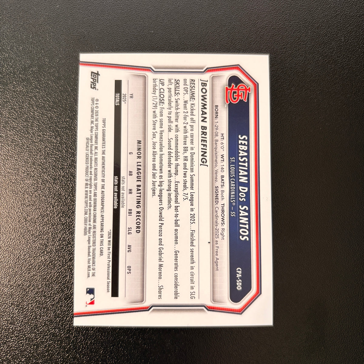 Sebastian Dos Santos 1st Bowman (Autograph) - 2026 Bowman Chrome #CPA-SDO