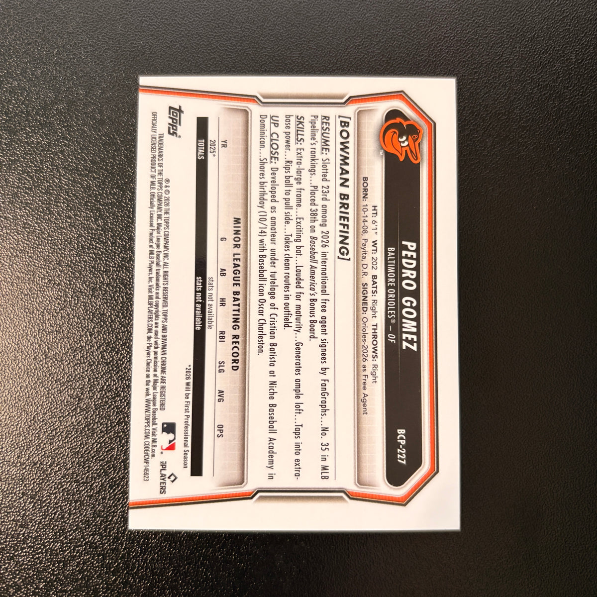 Pedro Gomez 1st Bowman (Black Wave Refractor 9/10) - 2026 Bowman Chrome #BCP-227