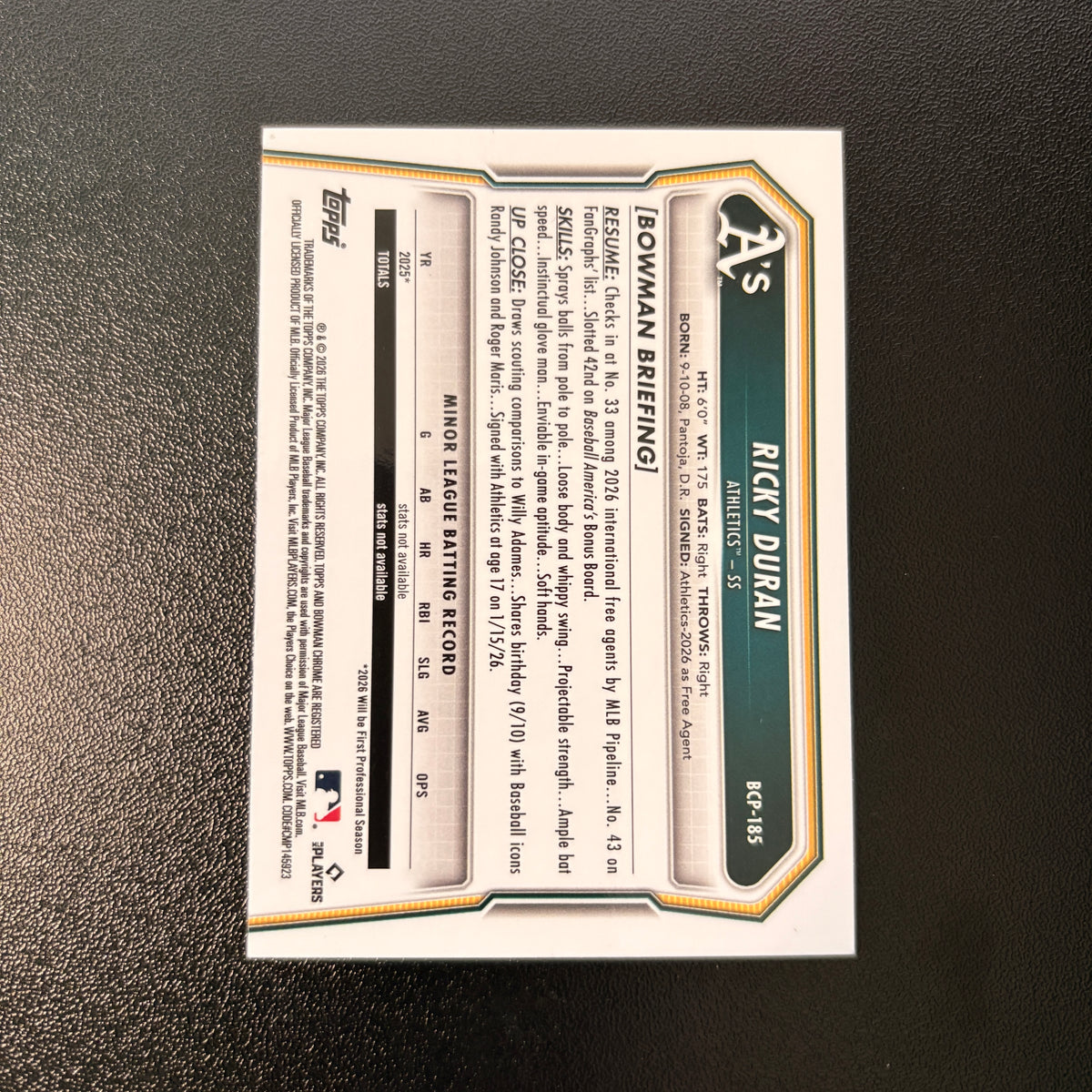 Ricky Duran 1st Bowman (Purple Shimmer 174/250) - 2026 Bowman Chrome #BCP-185