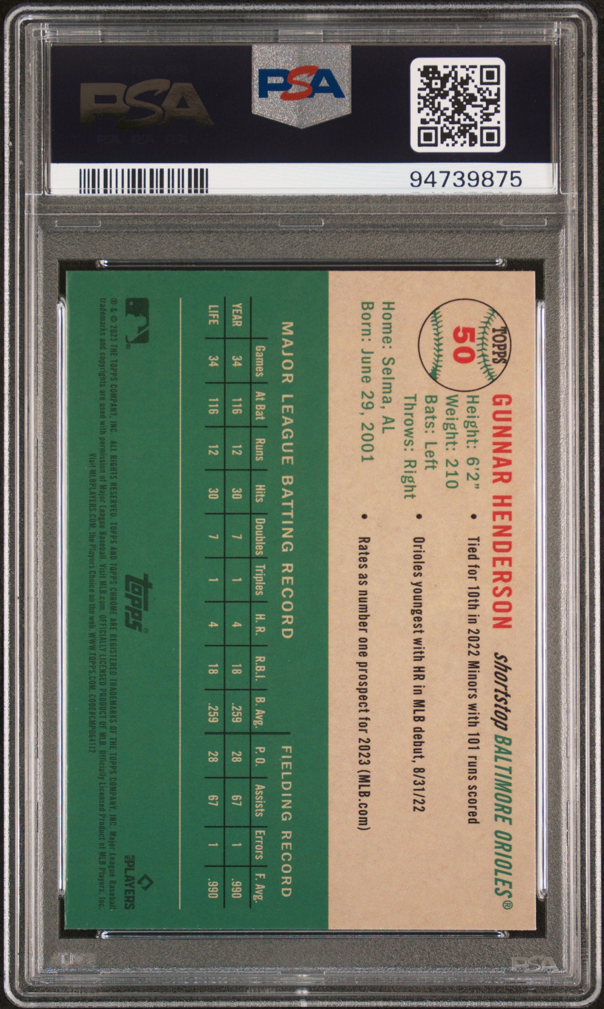 Gunnar Henderson (RC) - PSA 9 - 2023 Topps Platinum Anniversary #50