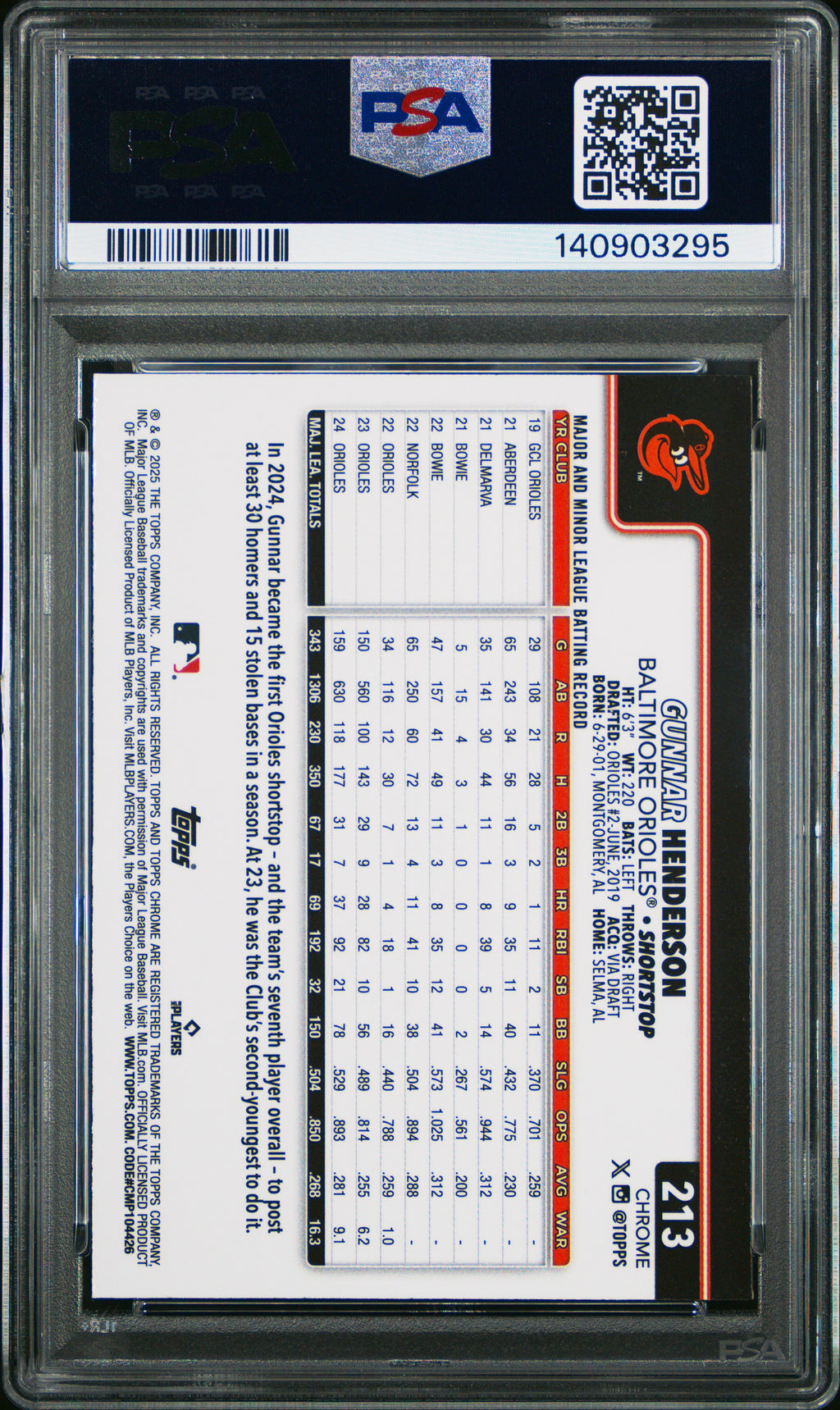 Gunnar Henderson (Prism Refractor) - PSA 9 - 2025 Topps Chrome #213