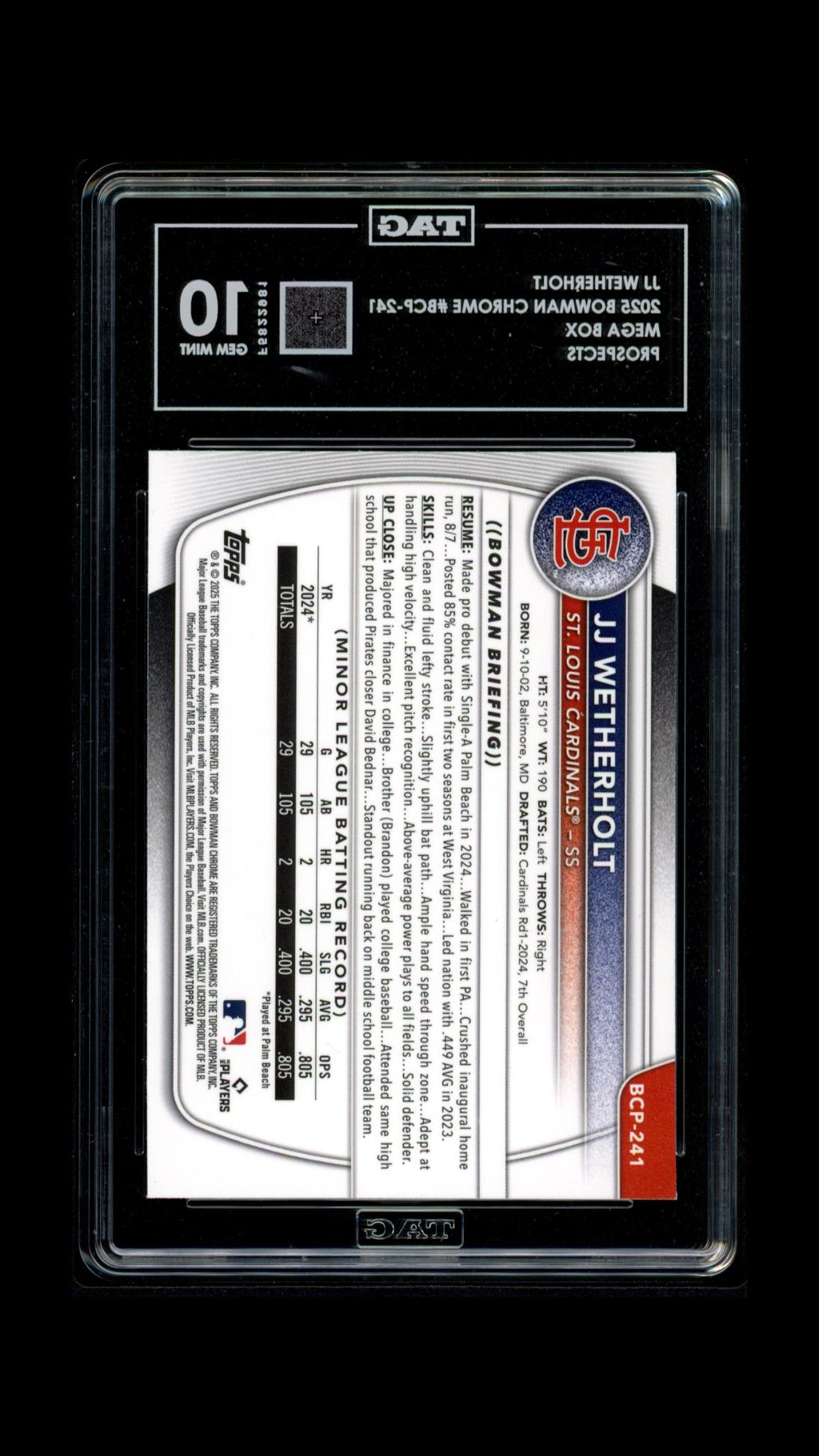 JJ Wetherholt (Mojo) - TAG 10 - 2025 Bowman Chrome Mega Box #BCP-241