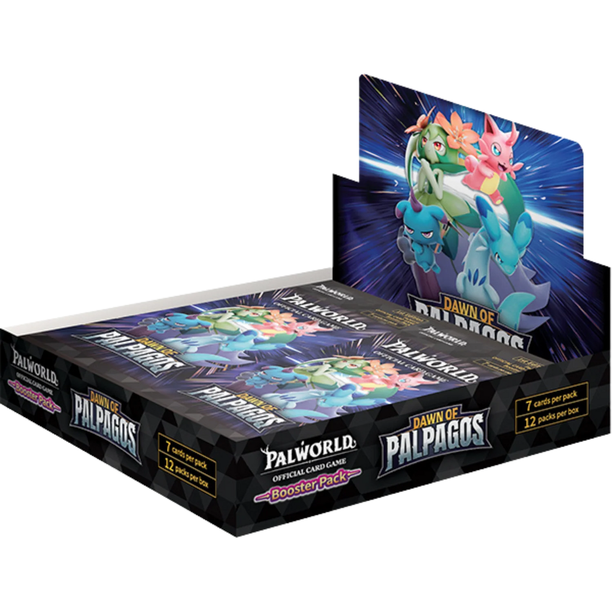 A Palworld official card game booster pack display box filled with individual booster packs. The packaging features colorful artwork of Pals on a dark blue and black background, with the 'Palworld' and 'Dawn of Palpagos' branding clearly visible.