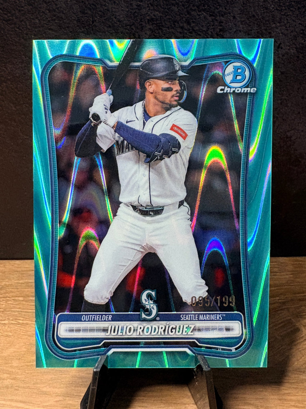 Julio Rodríguez (Aqua Lava Refractor /199) - 2026 Bowman Chrome Base Set #35 Baseball trading card, front and back