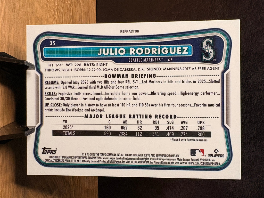 Julio Rodríguez (Refractor /499) - 2026 Bowman Bowman Chrome #35 Baseball trading card, back
