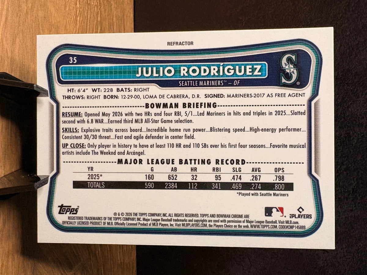 Julio Rodríguez (Refractor /499) - 2026 Bowman Bowman Chrome #35 Baseball trading card, back