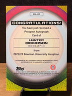 Hunter Dickinson (Blue /99) - 2022-23 Bowman University Inception #BIA-HD Basketball trading card, back