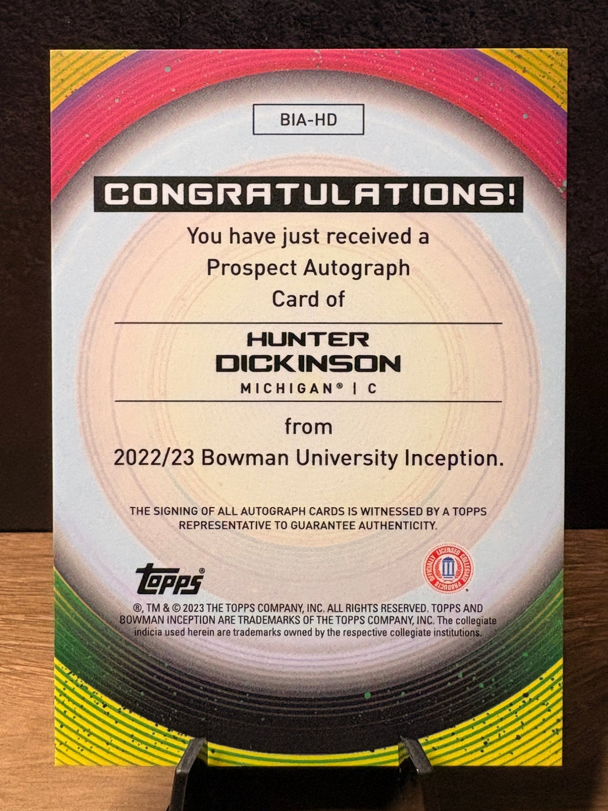 Hunter Dickinson (Blue /99) - 2022-23 Bowman University Inception #BIA-HD Basketball trading card, back
