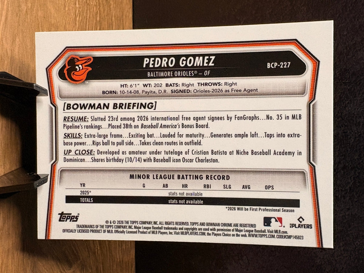 Pedro Gomez (Blue Sapphire) - 2026 Bowman Chrome Sapphire Edition #BCP-227 Baseball trading card, back