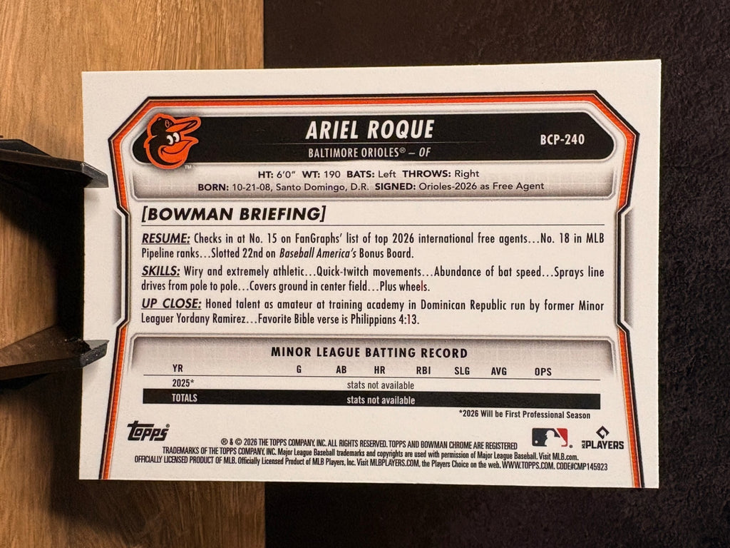 Ariel Roque (Base) - 2026 Bowman Chrome Sapphire Edition Prospects #BCP-240 Baseball trading card, back