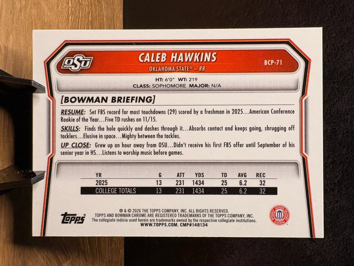 Caleb Hawkins (RC Green Refractor /99) - 2026 Bowman Bowman Chrome #BCP-71 Football trading card, back