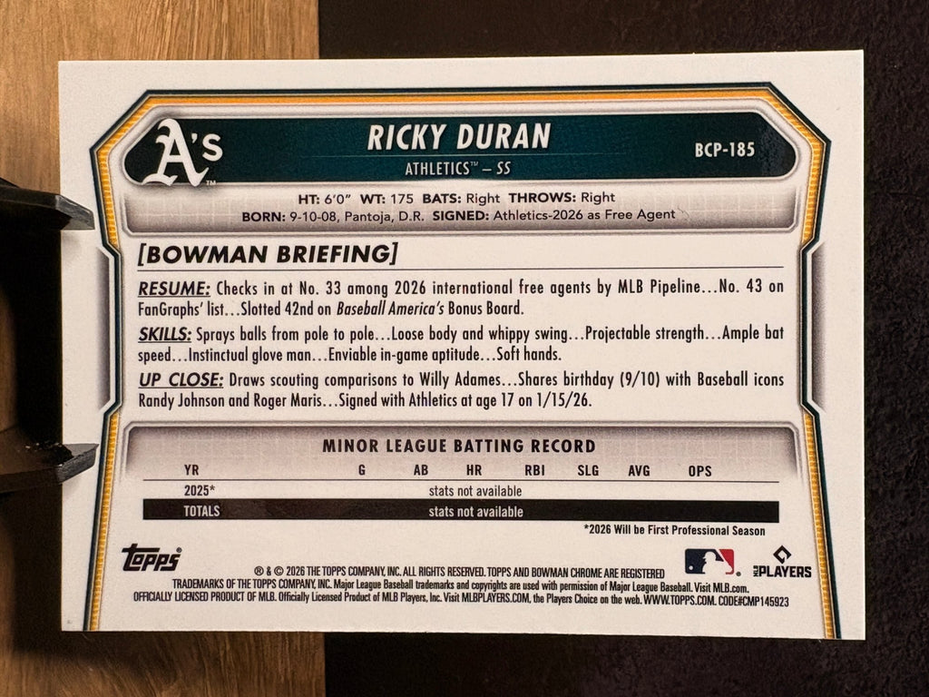 Ricky Duran (Purple RayWave Refractor /250) - 2026 Bowman Chrome Chrome #BCP-185 Baseball trading card, back