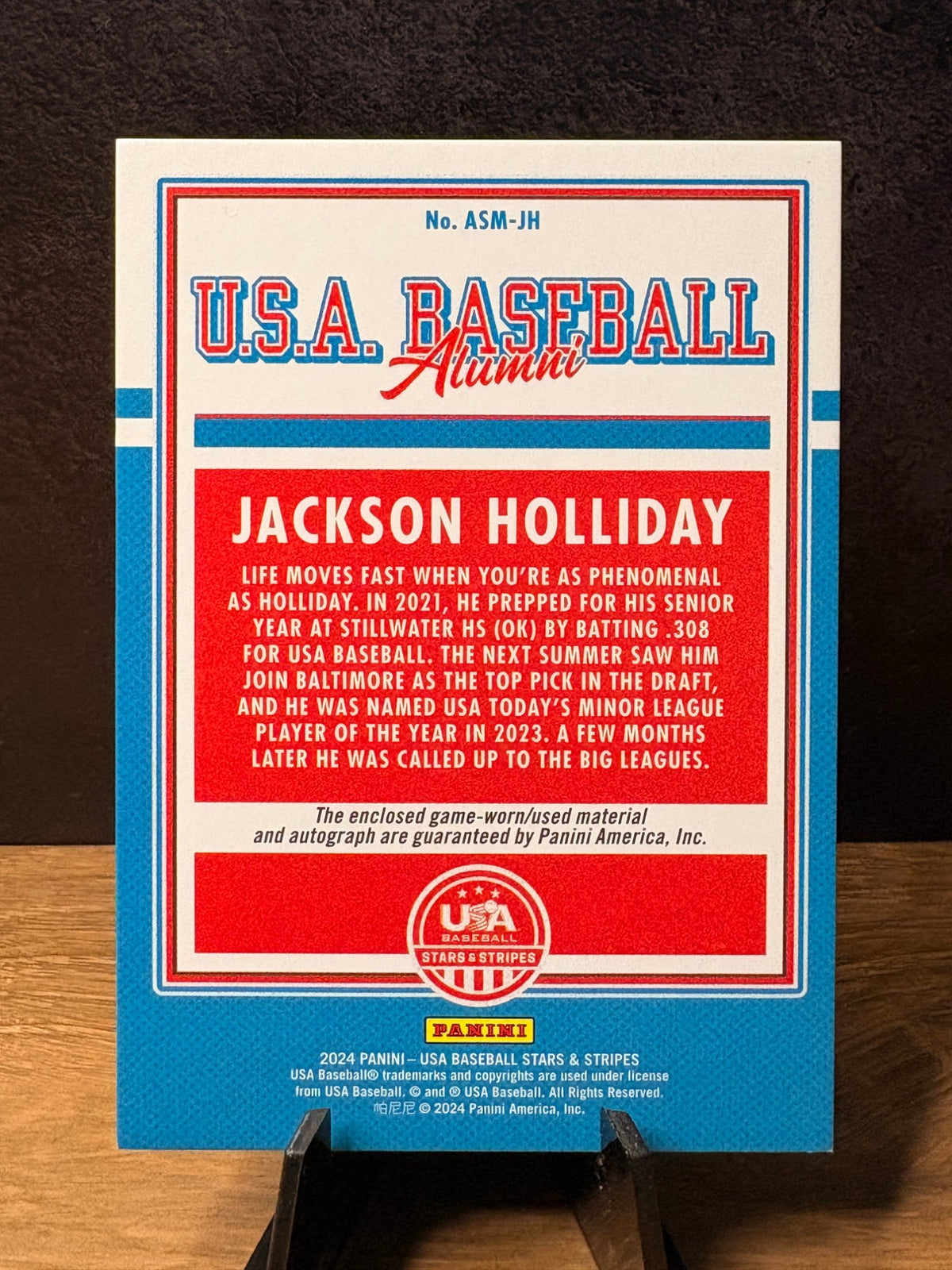 Jackson Holliday (Autograph /199) - 2024 Panini USA Baseball #ASM-JH Baseball trading card, back