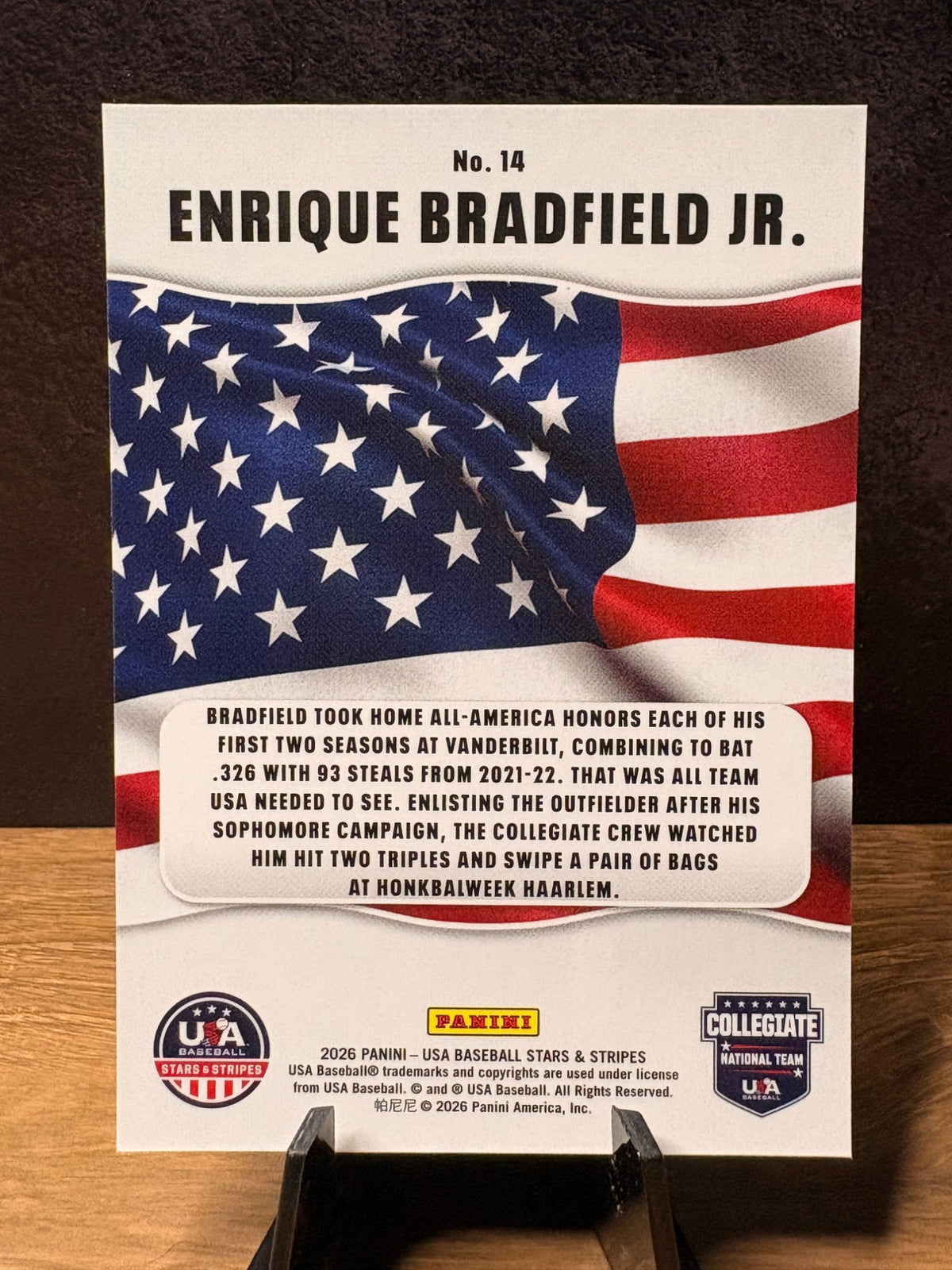 Enrique Bradfield Jr. (Base) - 2026 Panini USA Baseball Stars & Stripes #14 Baseball trading card, back