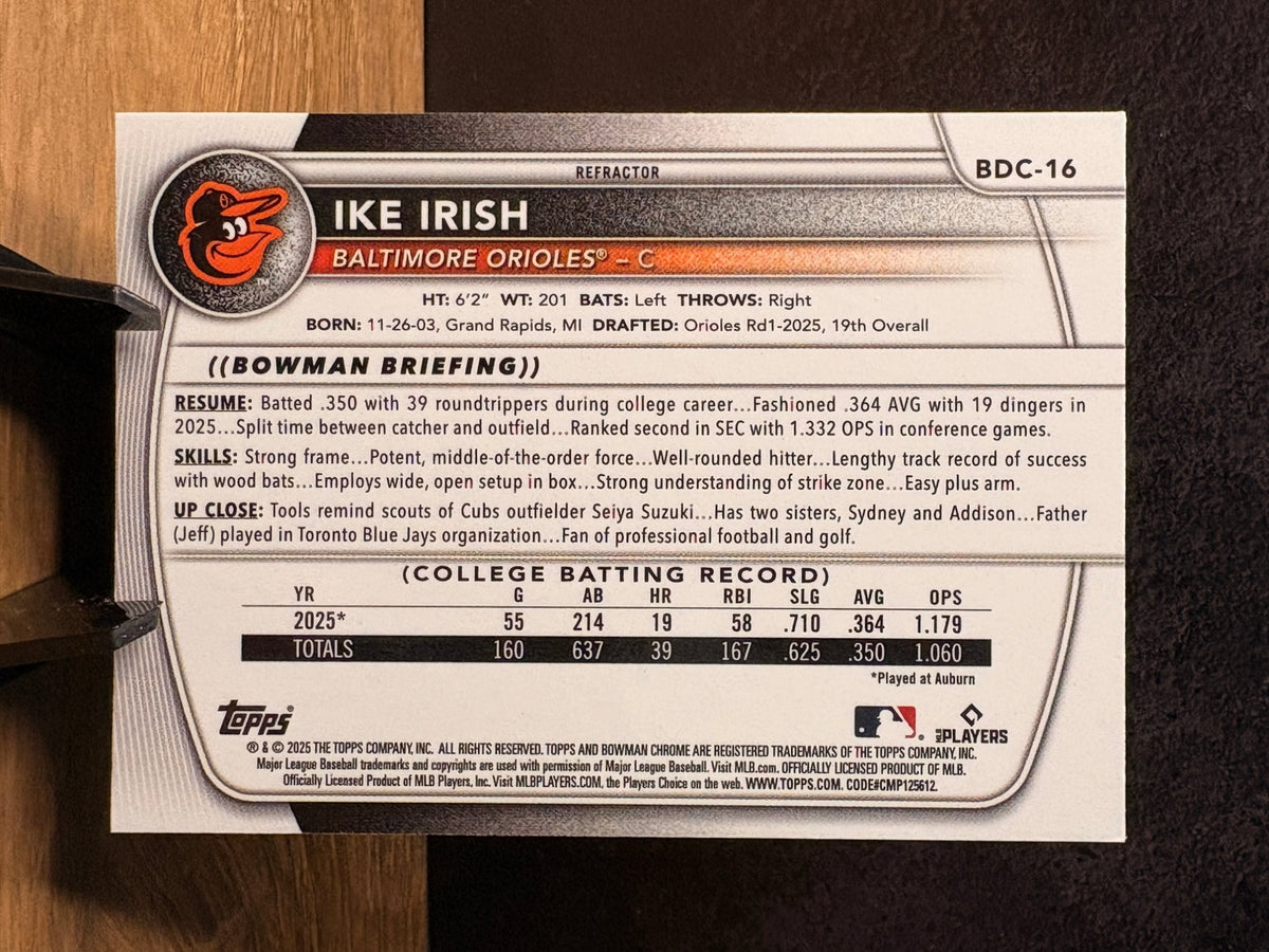Ike Irish (Refractor) - 2025 Bowman Chrome Bowman Draft #BDC-16 Baseball trading card, back