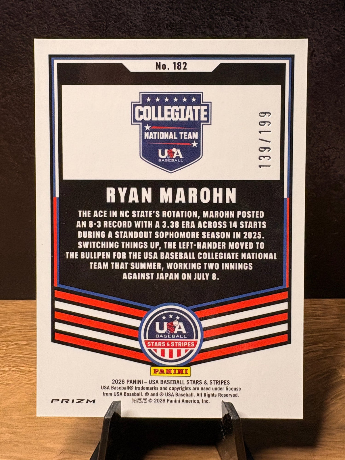 Ryan Marohn (Orange Ice /199) - 2026 Panini USA Baseball Stars & Stripes #182 Baseball trading card, back