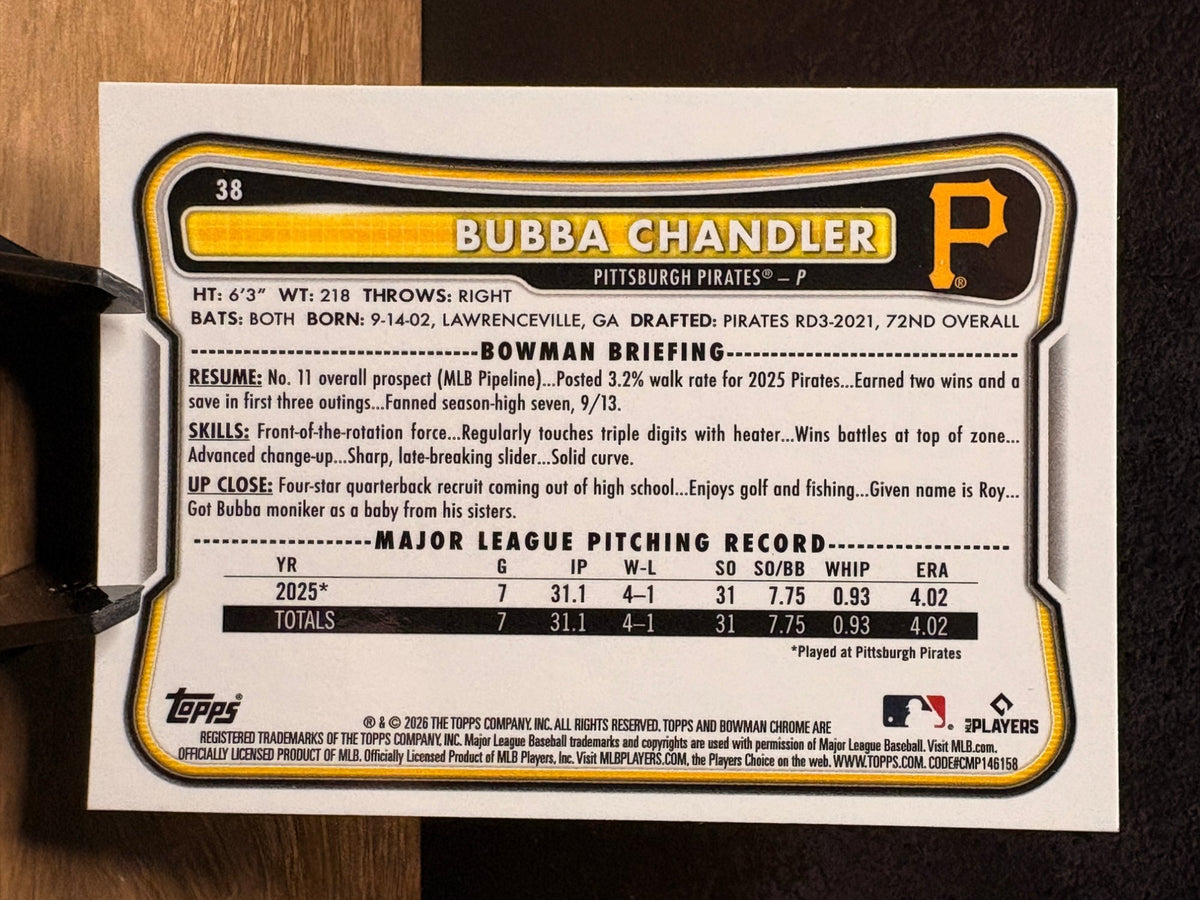 Bubba Chandler (RC Refractor) - 2026 Bowman Bowman Chrome #38 Baseball trading card, back