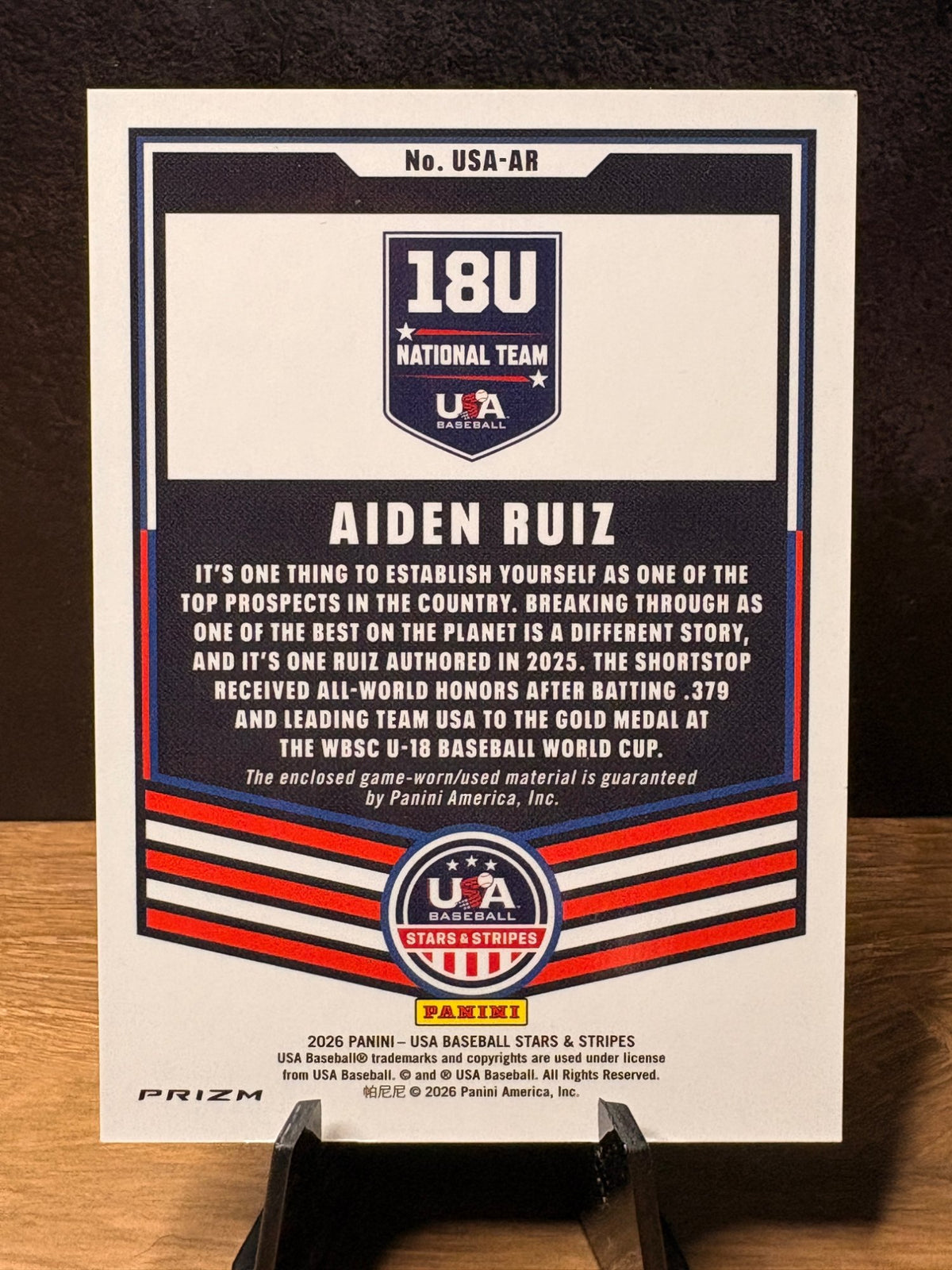 Aiden Ruiz (Silver Prizm) - 2026 Panini USA Baseball Stars & Stripes #USA-AR Baseball trading card, back