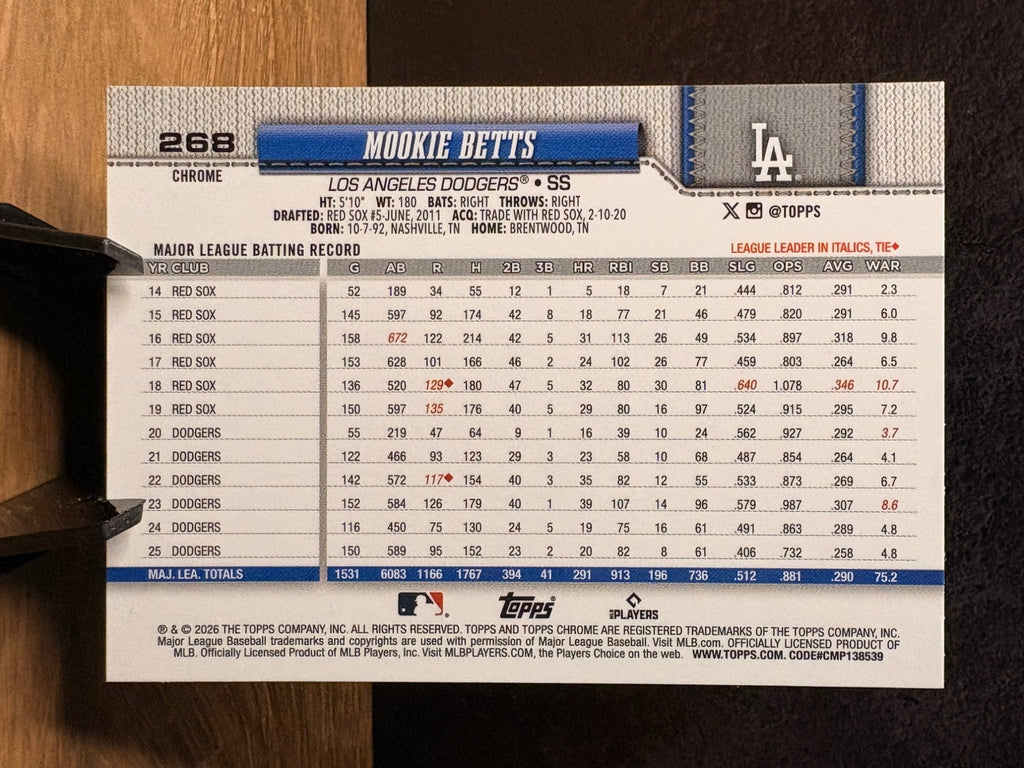 Mookie Betts (X-Fractor) - 2026 Topps Chrome #268 Baseball trading card, back