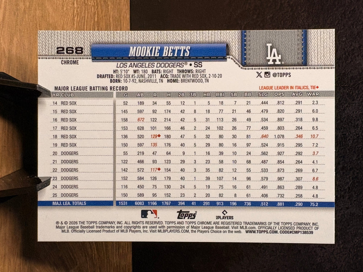 Mookie Betts (X-Fractor) - 2026 Topps Chrome #268 Baseball trading card, back