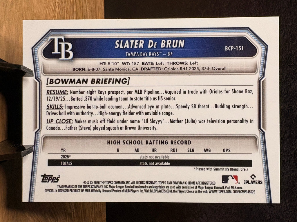 Slater de Brun (Base) - 2026 Bowman Chrome Chrome Prospects #BCP-151 Baseball trading card, back