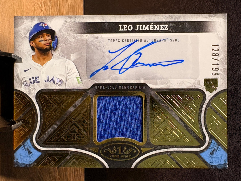 Leo Jiménez (RC /199) - 2025 Topps Tier One Autographed Tier One Relics #AT1R-LJ Baseball trading card, front and back