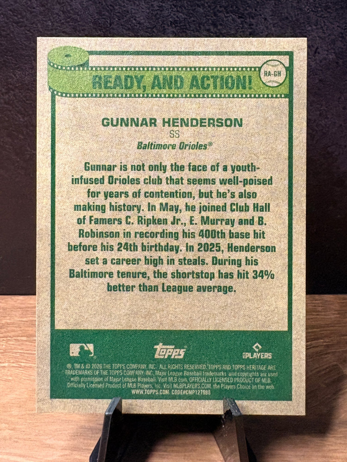 Gunnar Henderson (Base) - 2026 Topps Heritage Ready, And Action! #RA-GH Baseball trading card, back