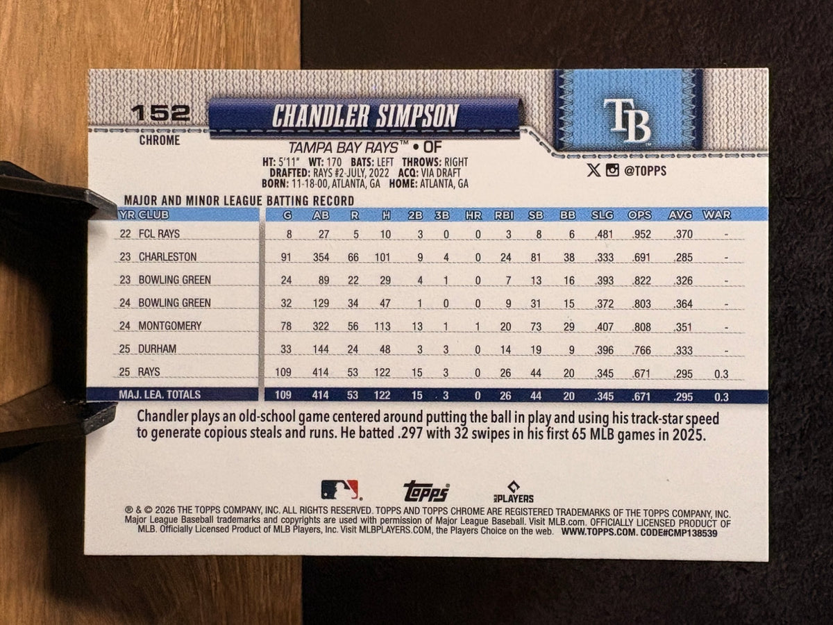 Chandler Simpson (X-Fractor) - 2026 Topps Chrome #162 Baseball trading card, back