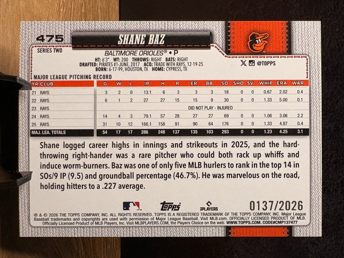 Shane Baz (Gold /2026) - 2026 Topps Series Two #425 Baseball trading card, back