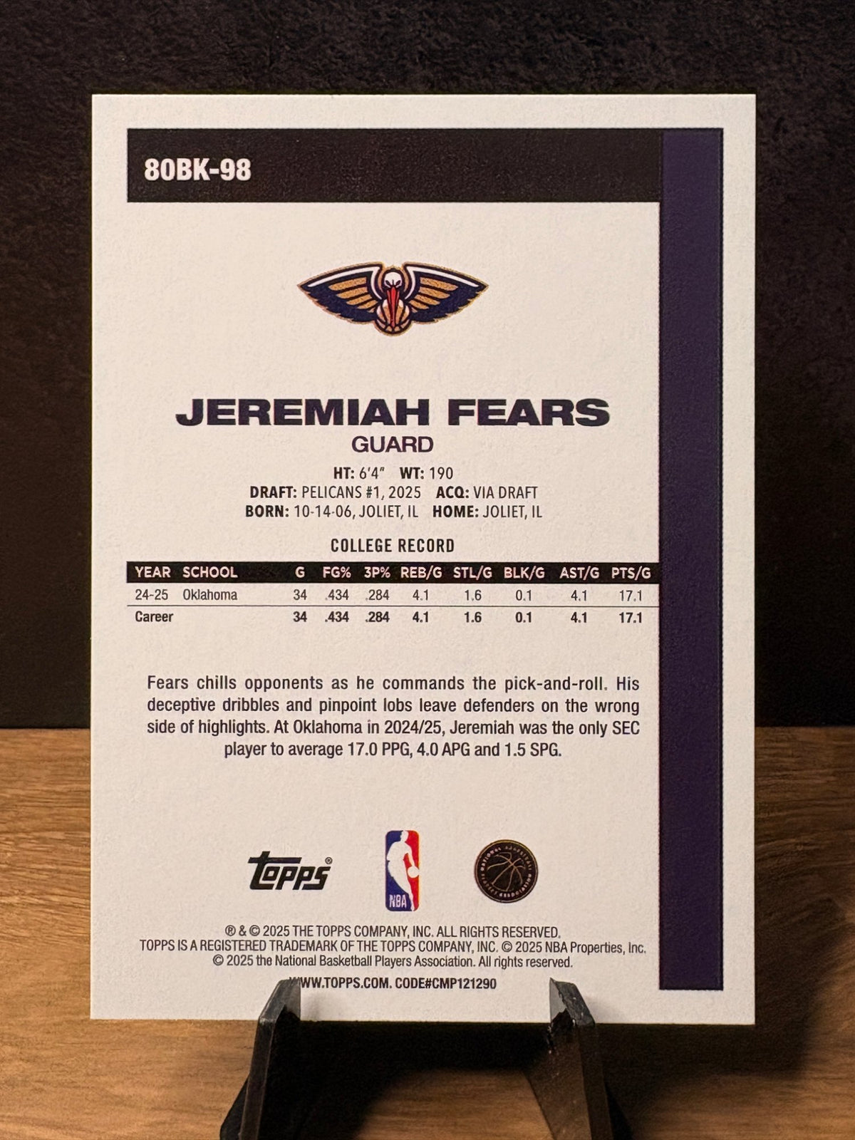 Jeremiah Fears (RC Base) - 2025-26 Topps 1980-81 Topps Basketball 45th #80BK-98 Basketball trading card, back