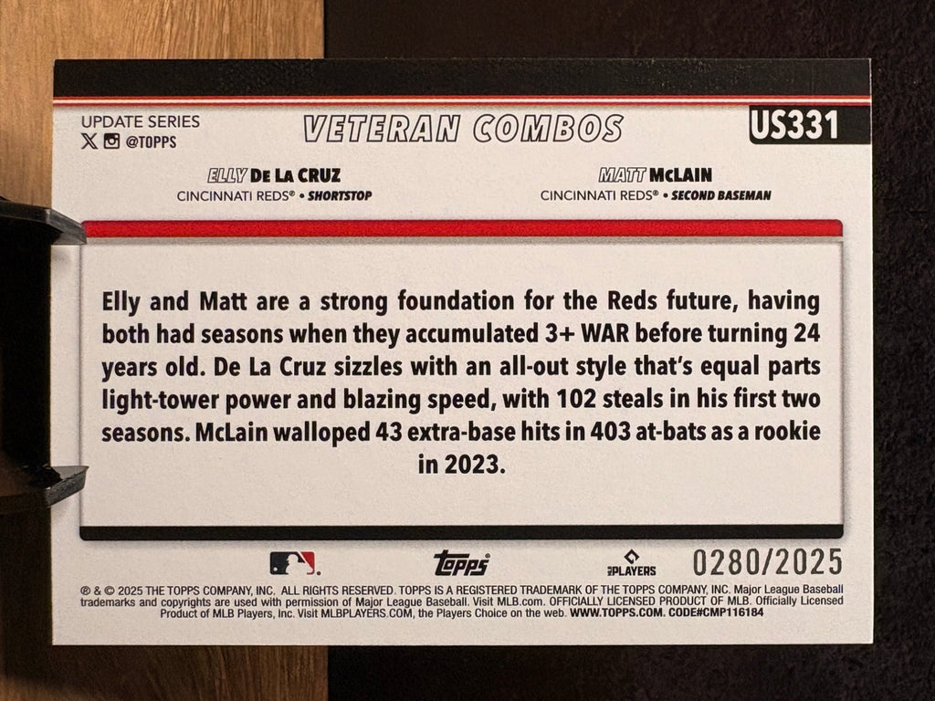 Elly De La Cruz / Matt McLain (Gold /2025) - 2025 Topps Update Series - #US331 Baseball trading card, back