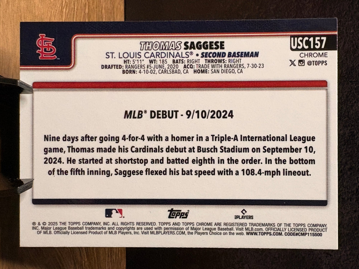 Thomas Saggese (RC X-Fractor) - 2025 Topps Chrome Update Series Rookie #USC157 Baseball trading card, back