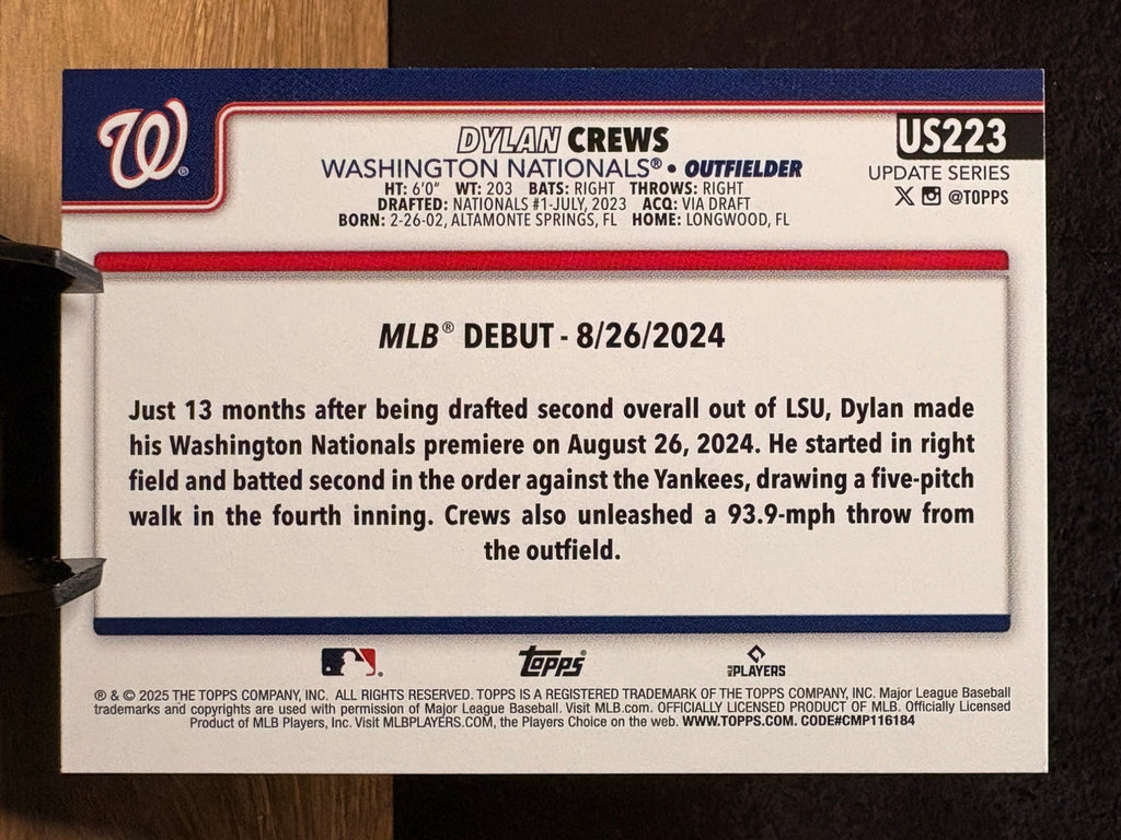 Dylan Crews (RC Topps Logo Foil) - 2025 Topps Update Series Rookie Debut #US223 Baseball trading card, back