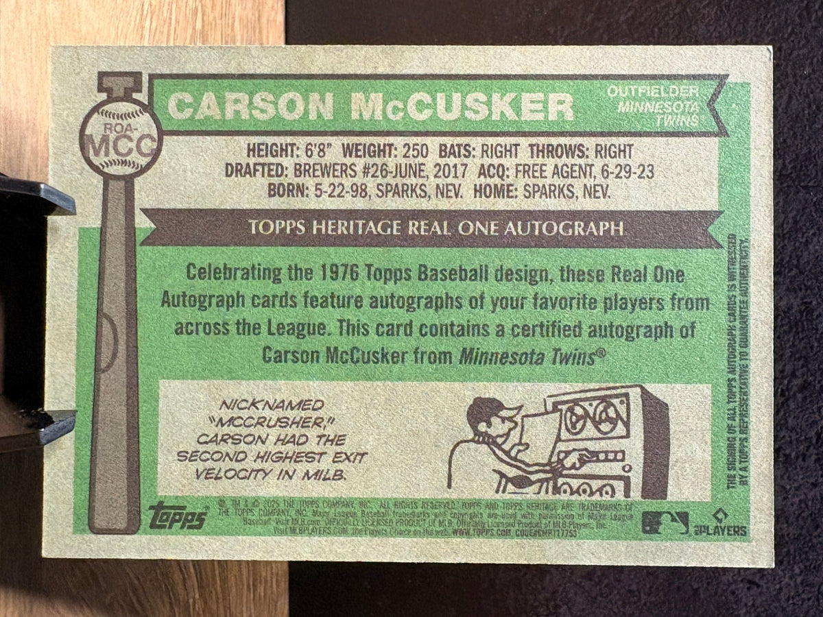 Carson McCusker (RC) - 2025 Topps Heritage Real One Autographs #ROA-MCC Baseball trading card, back