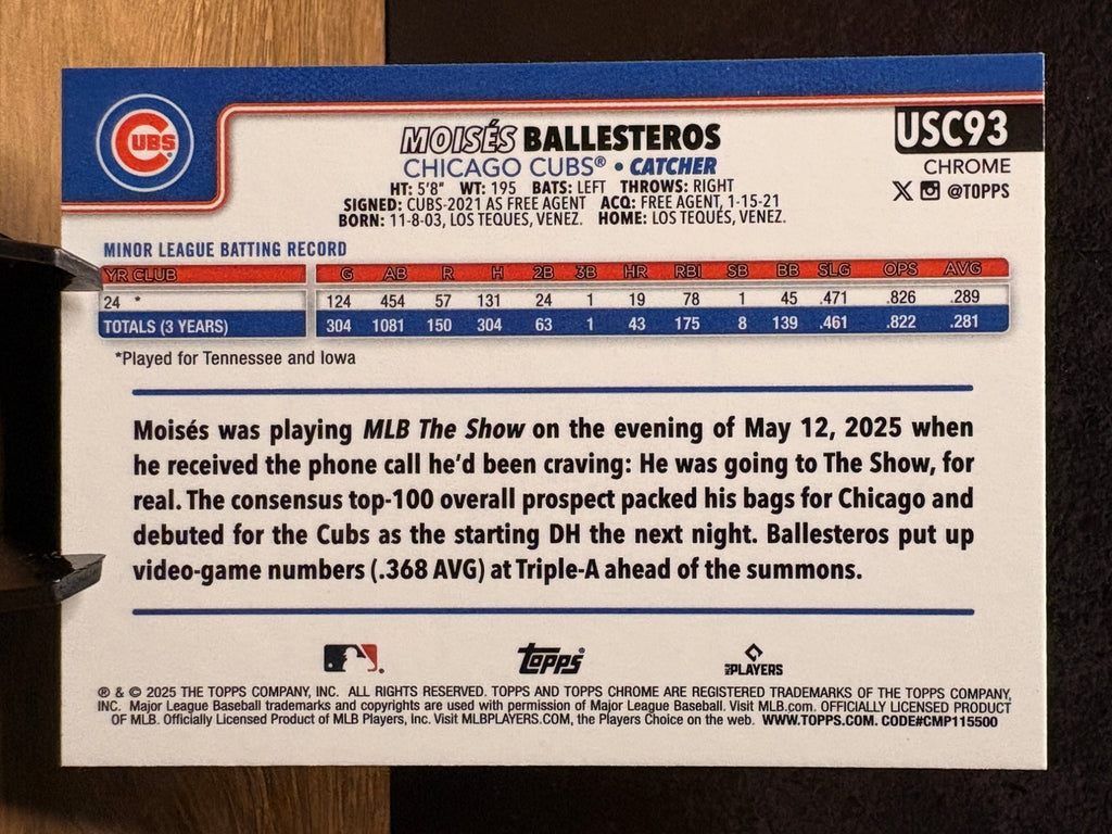 Moisés Ballesteros (RC Sepia Refractor) - 2025 Topps Chrome Update Series #USC93 Baseball trading card, back
