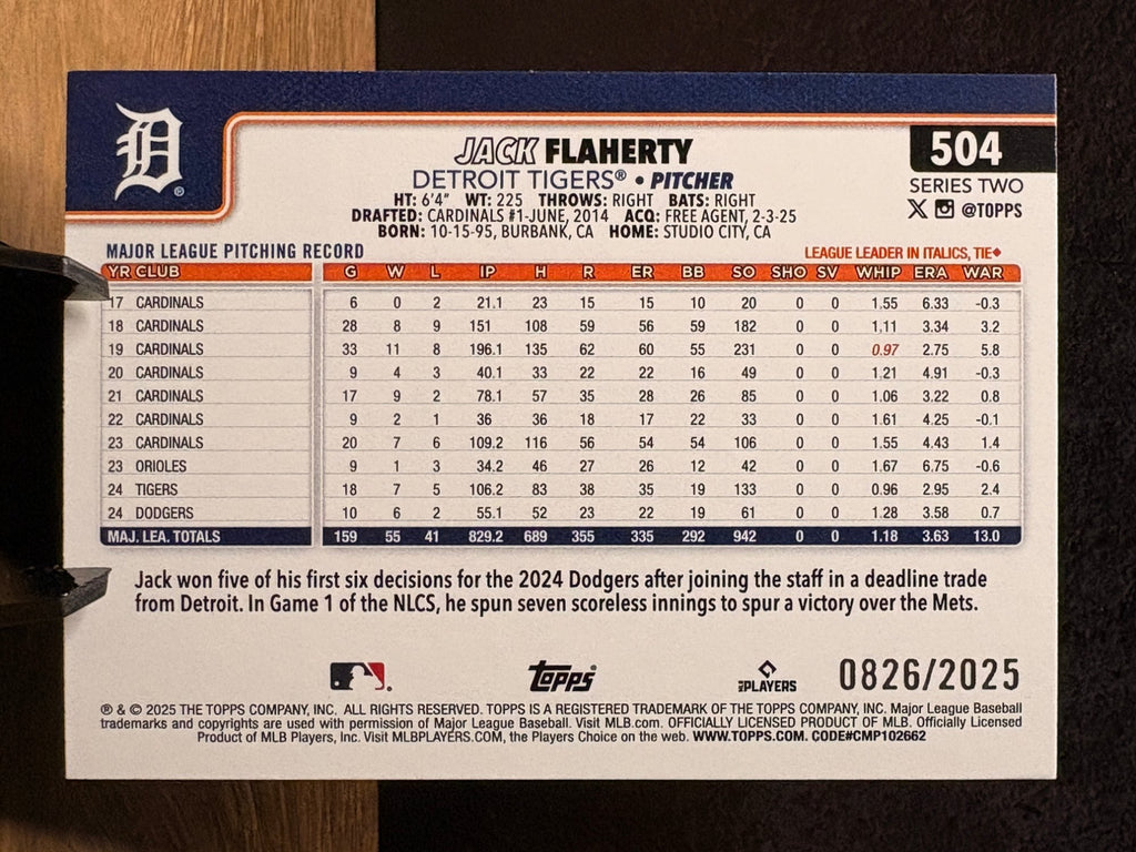 Jack Flaherty (Gold /2025) - 2025 Topps Series 2 #504 Baseball trading card, back