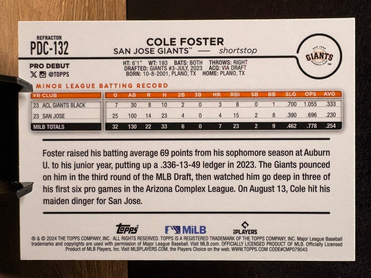 Cole Foster (Refractor /99) - 2024 Topps Pro Debut Chrome #PDC-132 Baseball trading card, back