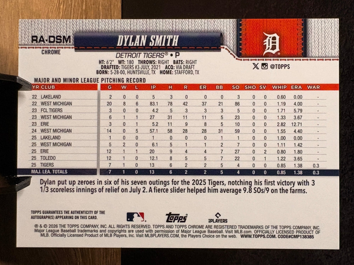 Dylan Smith (RC Blue Refractor /150) - 2026 Topps Chrome Rookie #RA-DSM Baseball trading card, back