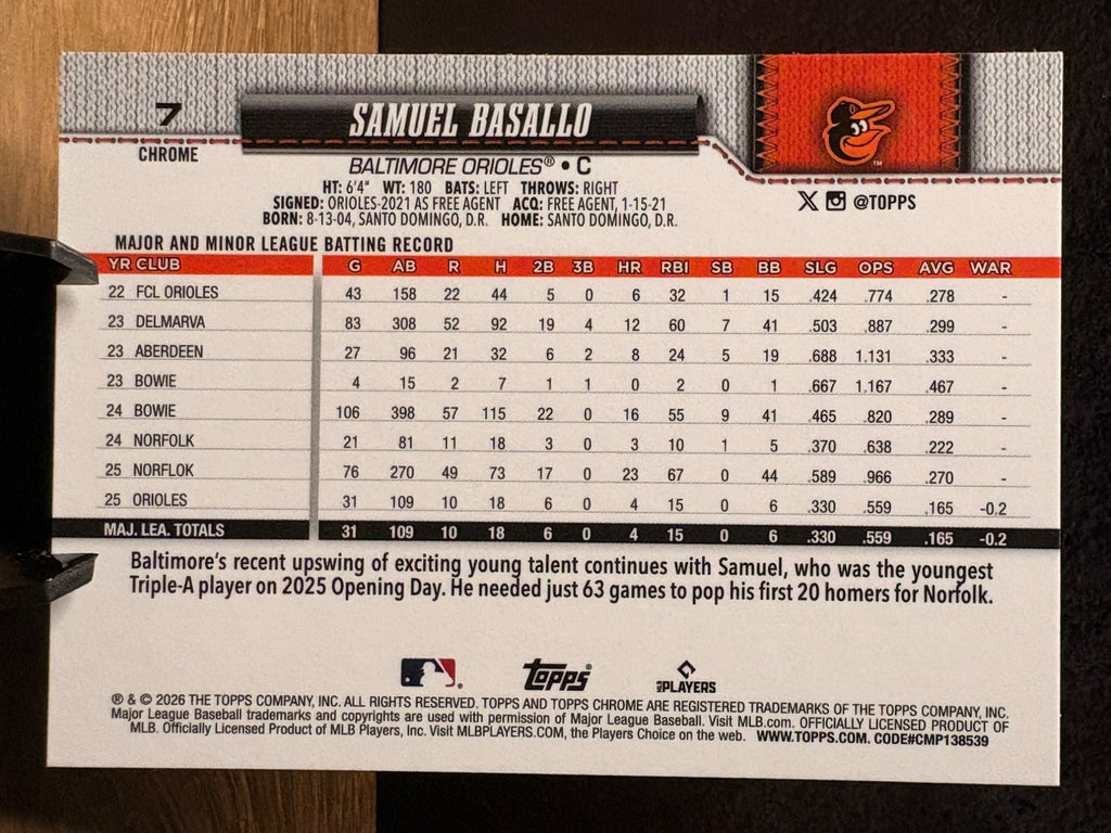 Samuel Basallo (RC X-Fractor) - 2026 Topps Chrome #7 Baseball trading card, back