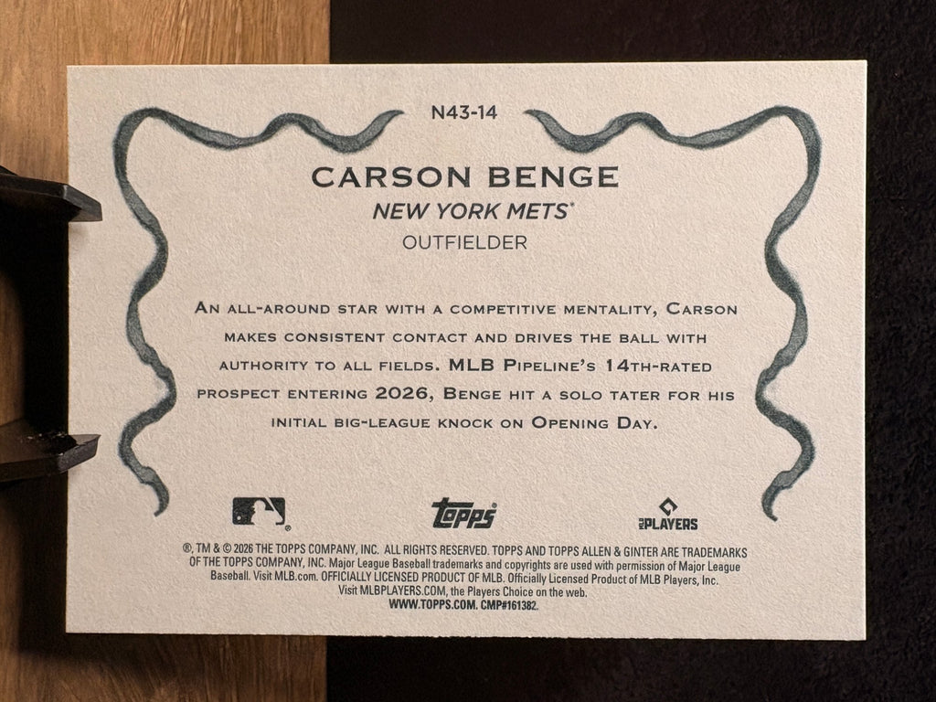 Carson Benge (RC Base) - 2026 Topps Allen & Ginter N43 #N43-14 Baseball trading card, back