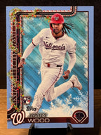 James Wood (RC Blue Metallic Glitter) - 2025 Topps Holiday #H94 Baseball trading card, front and back