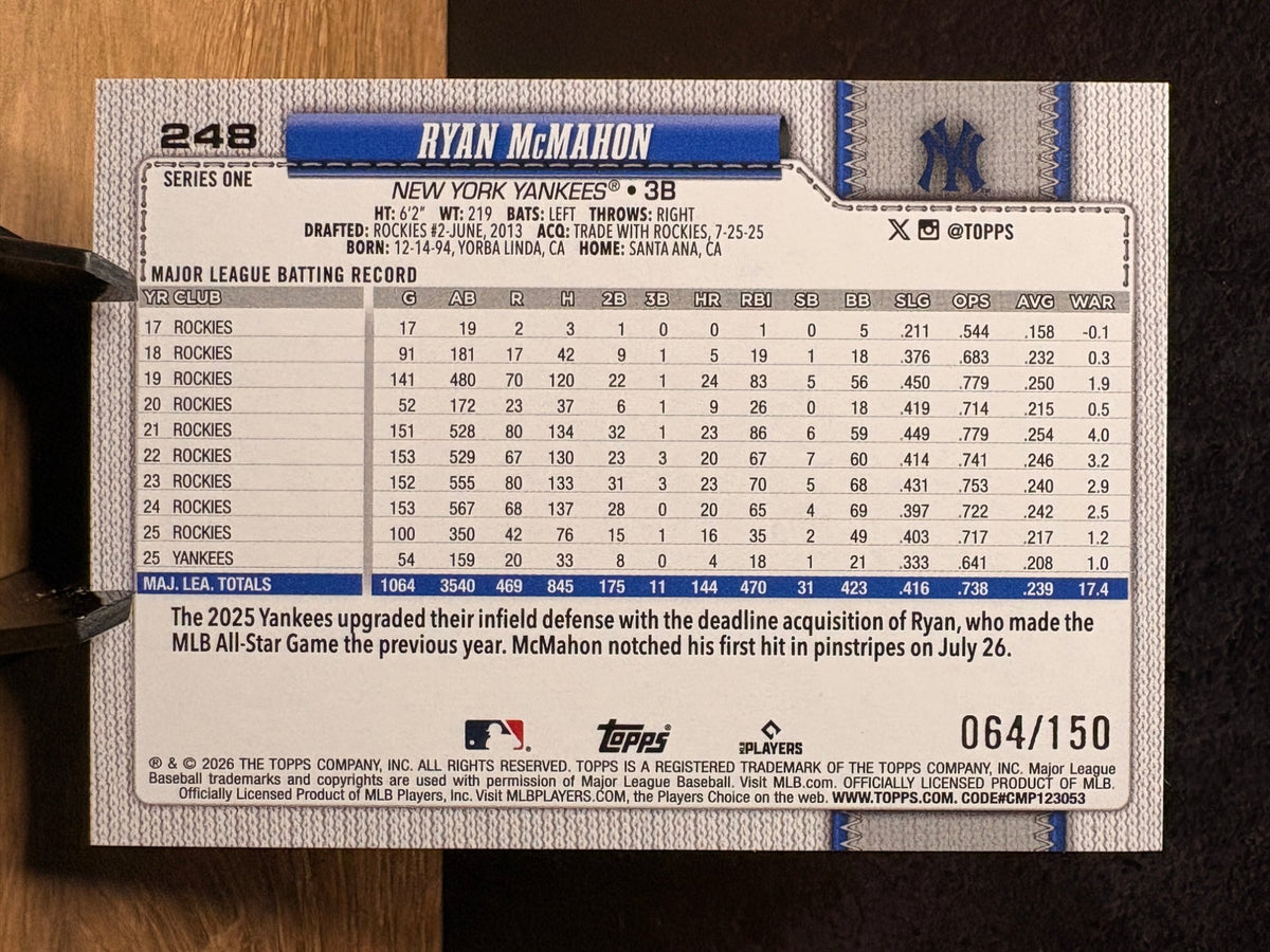 Ryan McMahon (Blue Foil /150) - 2026 Topps Series One #248 Baseball trading card, back