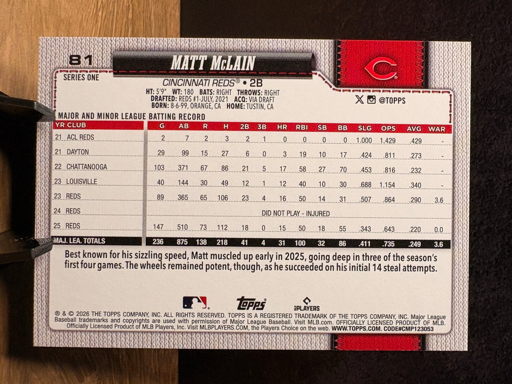 Matt McLain (Purple Foil) - 2026 Topps Series One #81 Baseball trading card, back