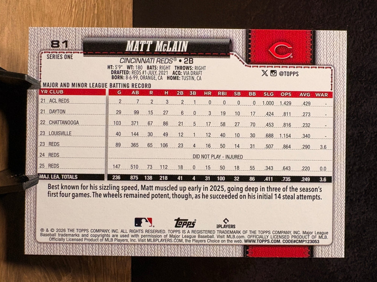 Matt McLain (Purple Foil) - 2026 Topps Series One #81 Baseball trading card, back