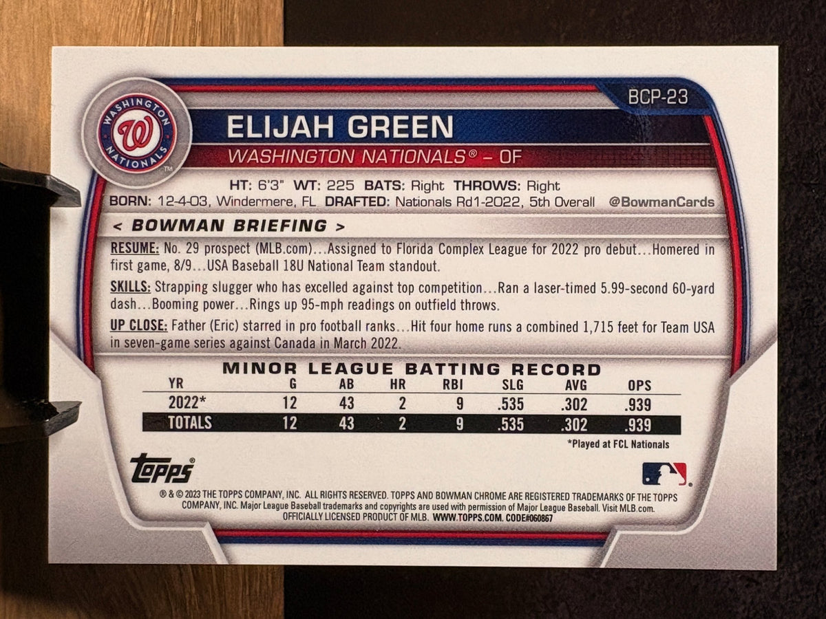 Elijah Green (Gold Mojo Refractor /50) - 2023 Bowman Chrome Mega Box #BCP-23 Baseball trading card, back