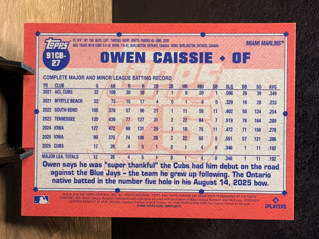Owen Caissie (RC Refractor) - 2026 Topps Chrome 1991 Topps Chrome Baseball #91CB-27