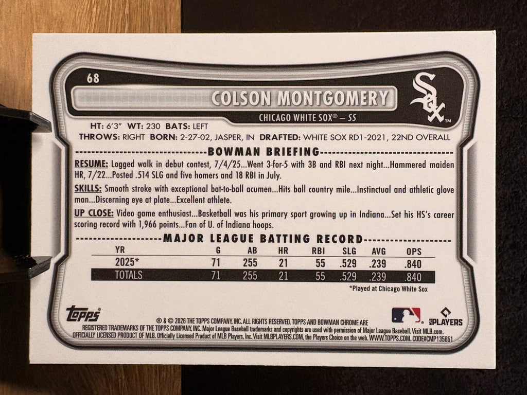Colson Montgomery (RC Mojo Refractor) - 2026 Bowman Bowman Chrome #68 Baseball trading card, back