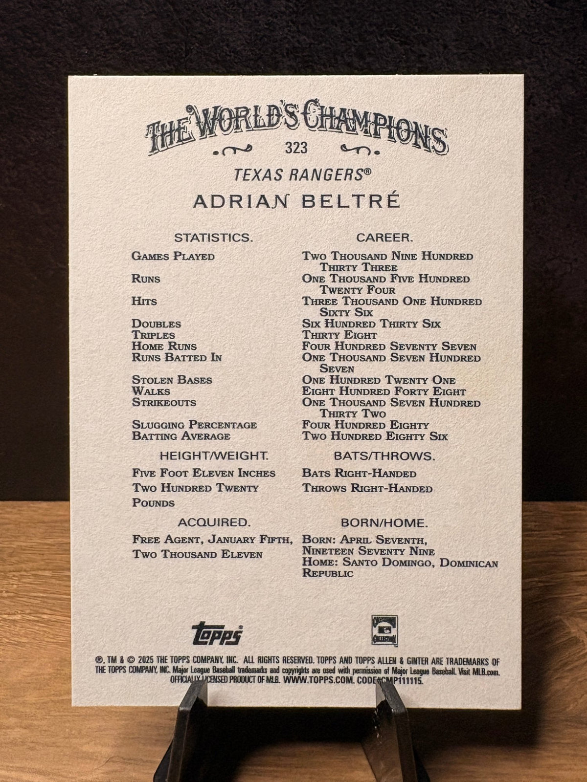 Adrián Beltré (Base) - 2025 Topps Allen & Ginter #323 Baseball trading card, back